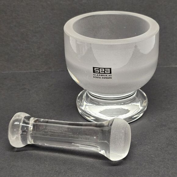 Vintage Sea Glasbruk Crystal Mortar and Pestle Kosta Sweden Clear Frosted Glass - Picture 2 of 11